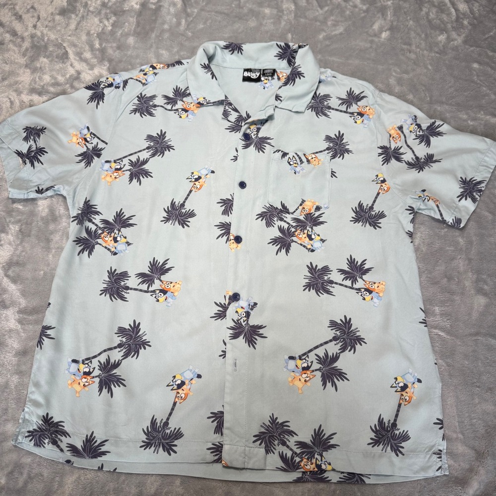 Bluey Bingo Dads Mens Large Blue Tropical Palm Tree Button Up Shirt  L